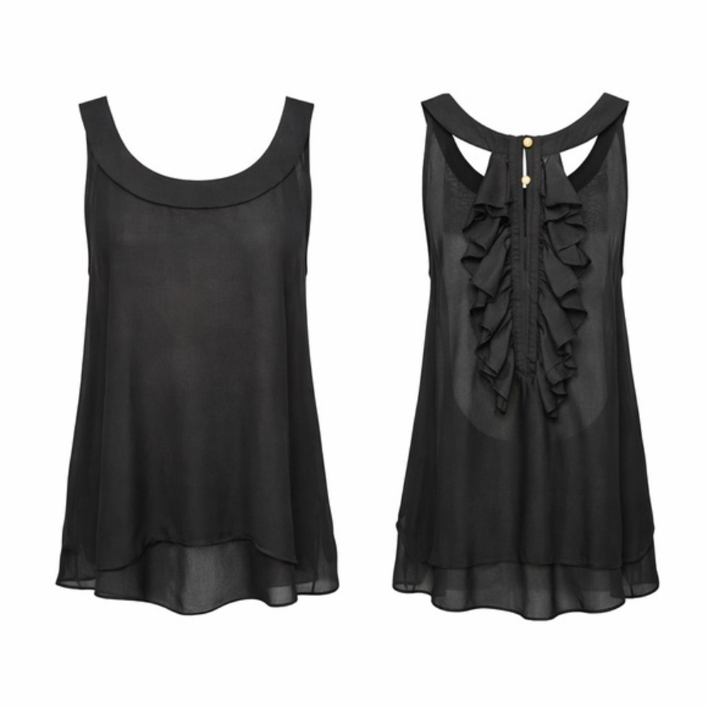 BKE Red Black Sheer Ruffle Back Sleeveless Blouse Medium Romantic Gothic
